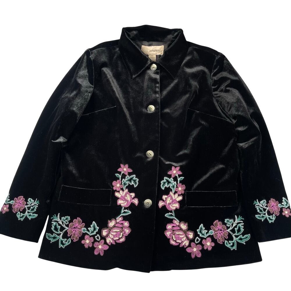 Very‎ Veranesi Blazer Womens 16W Black Velour Velvet Floral Embroidery Lined